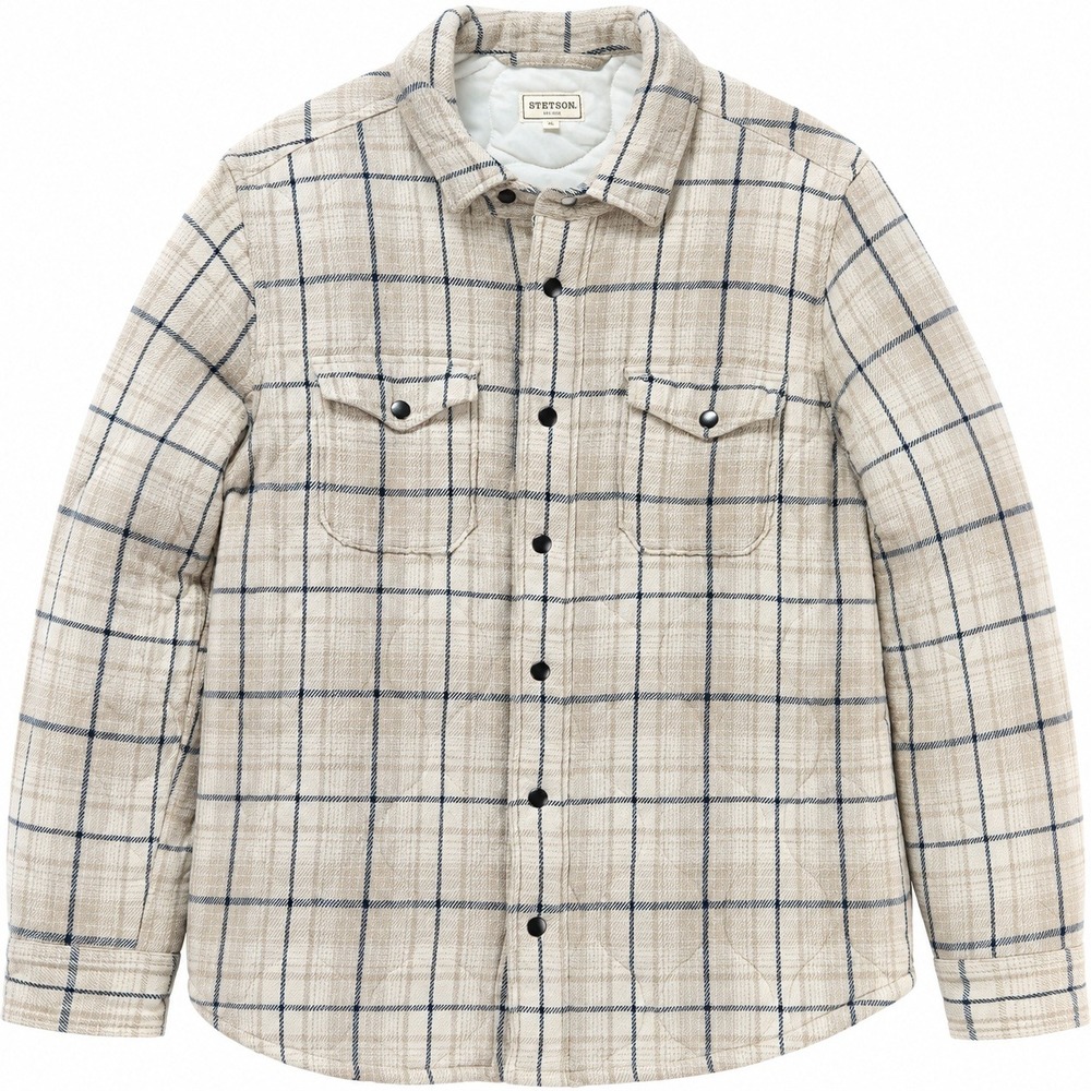 Stetson Quilted Plaid Shirt Jacket Men XL Beige Navy Western Snap Front Pockets
